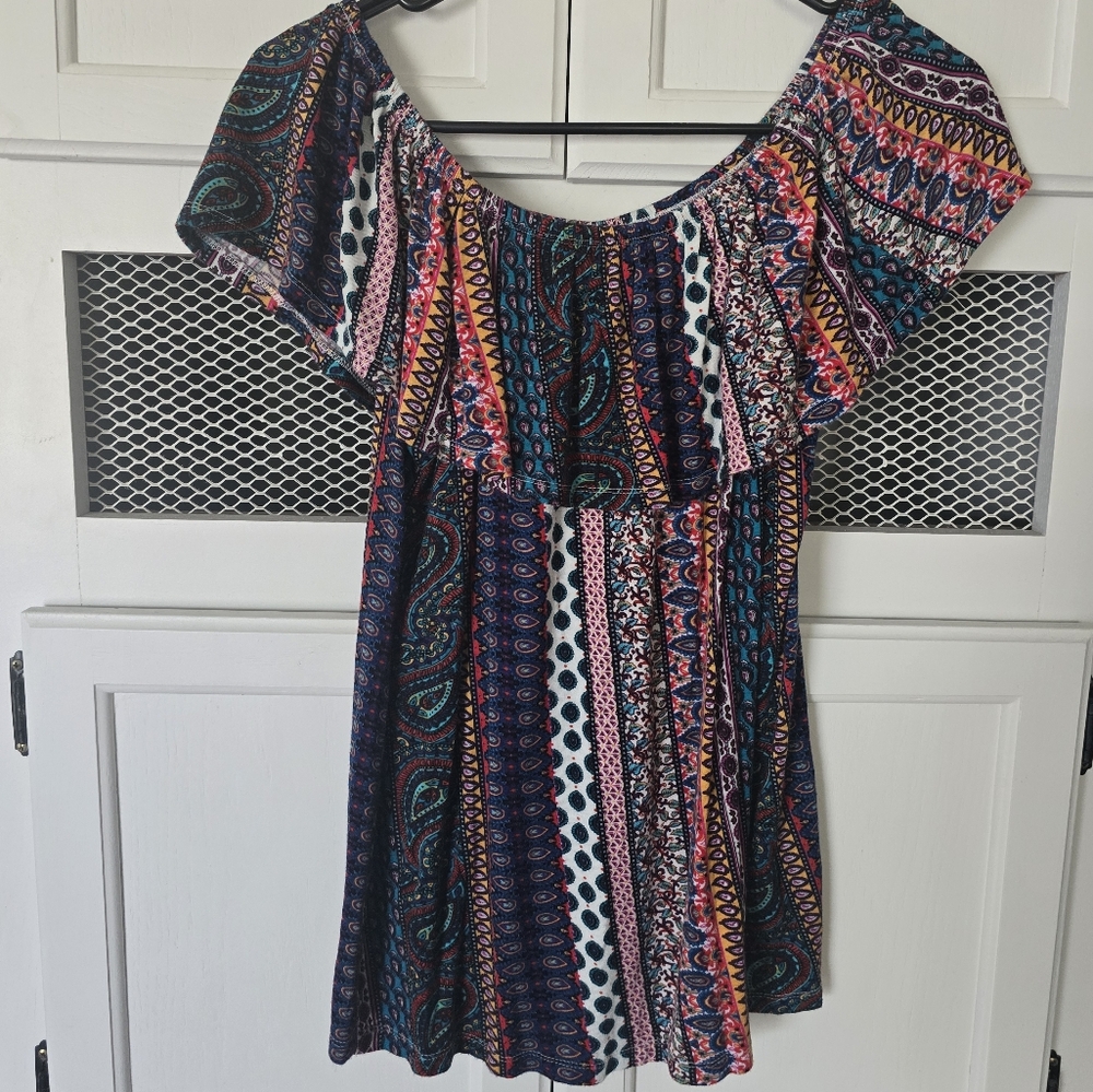 Blue and Red Bohemin Ruffled Bishop Sleeve Blouse